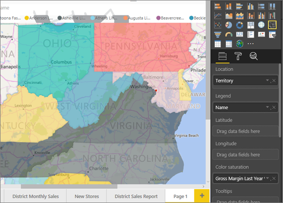 A Filled Map visual showing various US states