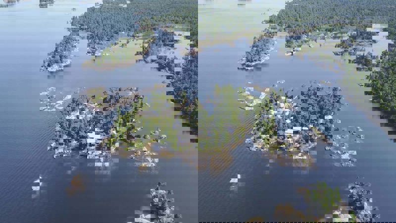 The island from the air showing some of the cabins